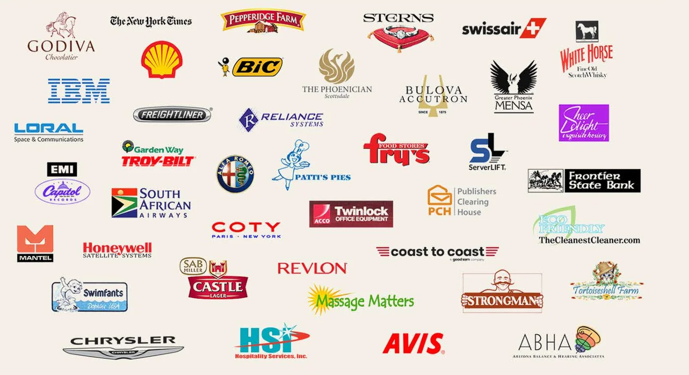 Past clients including Godiva, The New York Times, Pepperidge Farm, Shell, BIC, IBM, Swissair, Honeywell, Coty, Revlon, Chrysler, Avis, Alfa Romeo, South African Airways, Fry's Food Stores, Publishers Clearing House and more