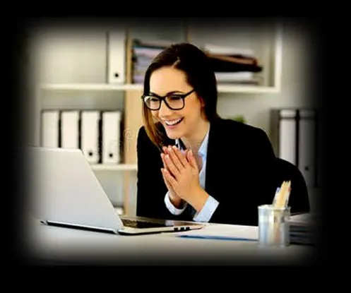 Happy client smiling at her laptop